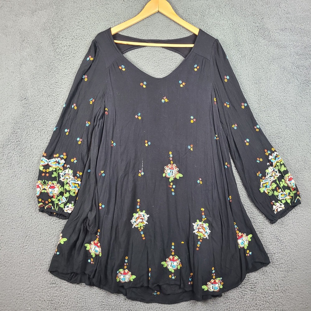 Free People Embroidered Mini Dress Black Floral Boho Cutout Back Large